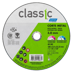 Disco Norton Classic AR302 Corte Metal 180 x 3 x 22,23 mm 7 x 1/8'