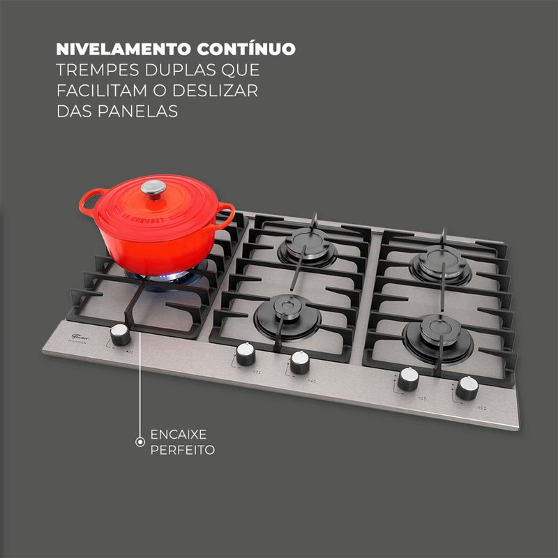 Cooktop Fischer 38420-107470 Platinium Prime com Trempe de Ferro Fundido Gás 5 Bocas Tripla Chama Aço Escovado Bivolt