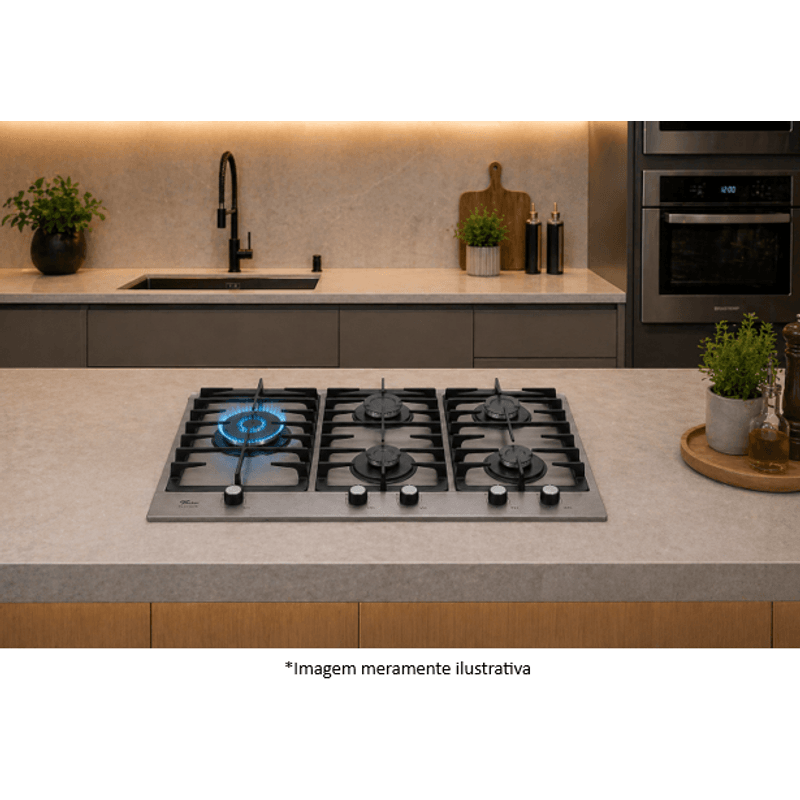 Cooktop Fischer 38420-107470 Platinium Prime com Trempe de Ferro Fundido Gás 5 Bocas Tripla Chama Aço Escovado Bivolt