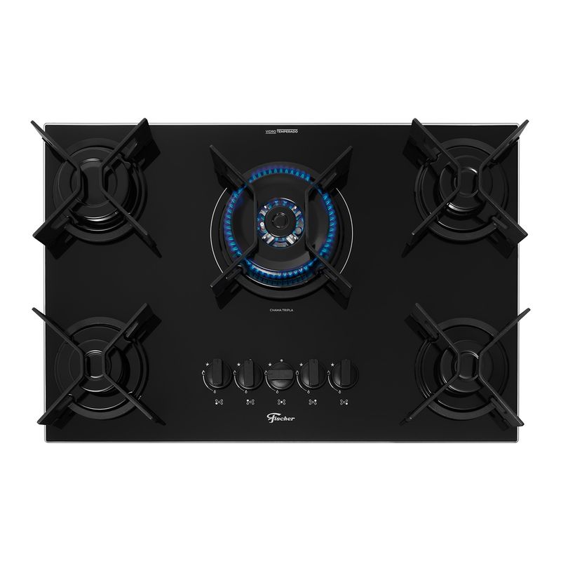 Cooktop Fischer 36340-102674 TC Fit Line Trempe Iron Gás 5 Bocas Tripla Chama Preto Bivolt