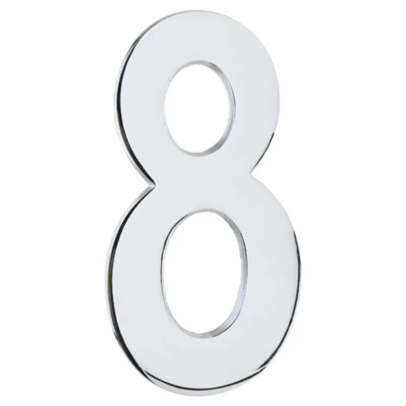 Numeral 8 União Mundial em zamac cromado, modelo liso e adesivado, com 125 mm de altura, ideal para identificação e numeração de portas e fachadas
